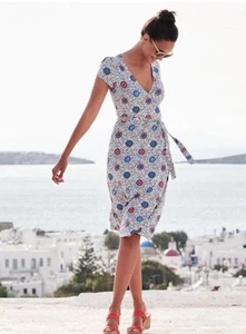 Boden White/blue/red Floral Summer Wrap Jersey Dress Short Sleeves UK 16R - Picture 1 of 17