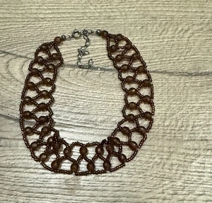 Vintage braun Perlen Halsreif Halskette Handarbeit Netzgewebe Statement Schmuck - Bild 1 von 2