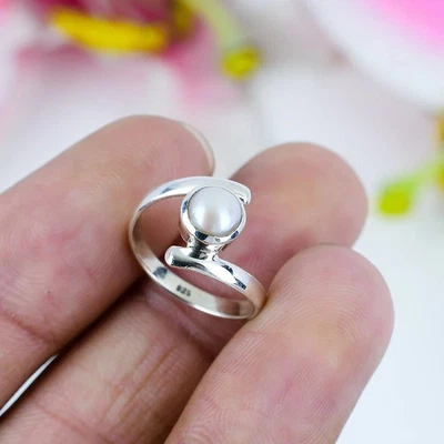 Fresh Water Pearl Ring, Handmade Silver Round Pearl Ring, Simple Ring,  All Size - Image 1 of 4