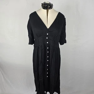 Bloomchic Dress Women's 1X Black Midi Short Sleeve Deep V-Neck Button Accent NWT - Picture 1 of 14