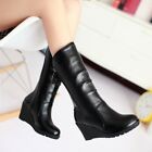 Fashion Womens Round Toe Wedge Heels Side Zip Mid Calf Punk Boots Outdoor Shoes 