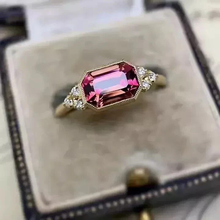 Art Deco Style Lab-Created Diamond Pink Tourmaline Ring 14K Yellow Gold FN - Image 1 of 4