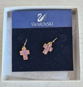 Swarovski CROSS Pink Stone Gold Rhodium Fashion Earrings Jewelry Set 434664 New - Picture 1 of 4