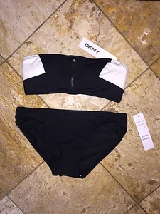 Nwt DKNY Donna Karan Schwarz Reißverschluss Vorne Bandeau Bikini 2pc Satz Damen - Picture 1 of 3