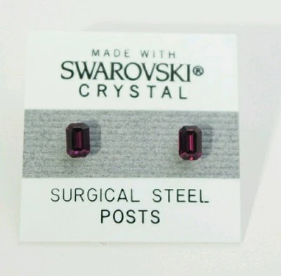 Purple Emerald Rectangle Earrings 5mm Small Crystal Made With Swarovski Elements - Image 1 of 2