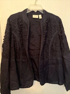 Chico’s Women’s Jacket 100% Linen Size 2 Navy Lace Short Coat Floral L/S EUC - Picture 1 of 15