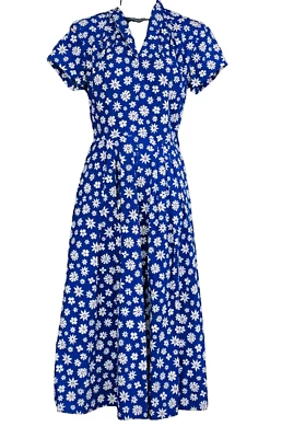 Vintage 1940s blue floral dress, navy cotton short sleeve midi white pockets S - Image 1 of 4
