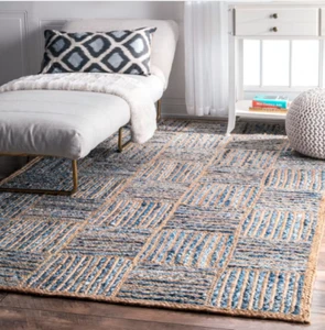 Rug Denim Jute Runner Natural Rectangle  Box Design Carpet Braided Modern Rugs - Picture 1 of 8