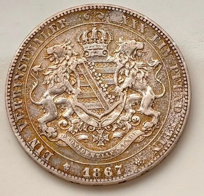 1 Taler 1867 B Sachsen Johann I 1854-1873 Error Verrinsthaler . - Изображение 1 из 3