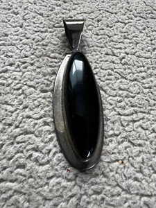 Sterling Silver ~ BLACK ONYX ~ Elongated Pendant  2.5" Mexico - Picture 1 of 4