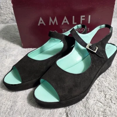 AMALFI BY RANGONI Women Black Italian Suede Slingback Wedge Heels Sandals 7M NEW - Image 1 of 4