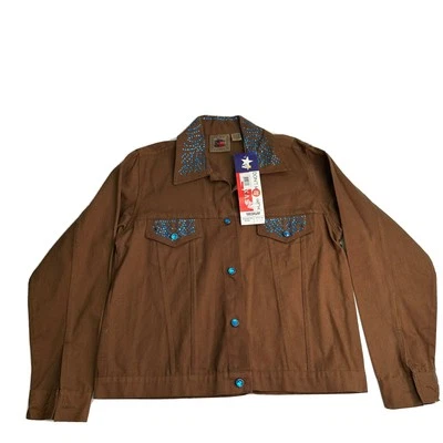 NWT Don't Mess With Texas Brown Denim Jacket Rhinestones Embellishments SZ M - Image 1 of 4