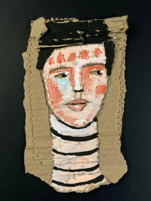 Original Woman Portrait Painting Funky Quirky Grungy Outsider Art Stripes - Image 1 of 4
