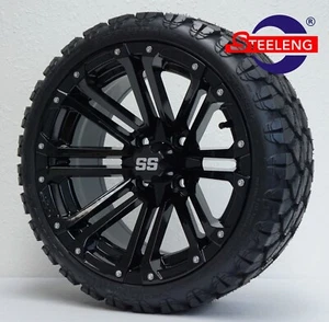 GOLF CART 14" BLACK LANCER WHEELS and 20" STINGER ALL TERRAIN TIRES DOT RATED - Picture 1 of 5