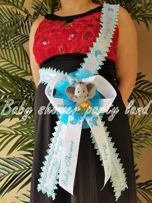 Baby Shower Mom To Be It's a Boy Sash Elephant Safari Blue Ribbon Corsage Noah's - Image 1 of 4