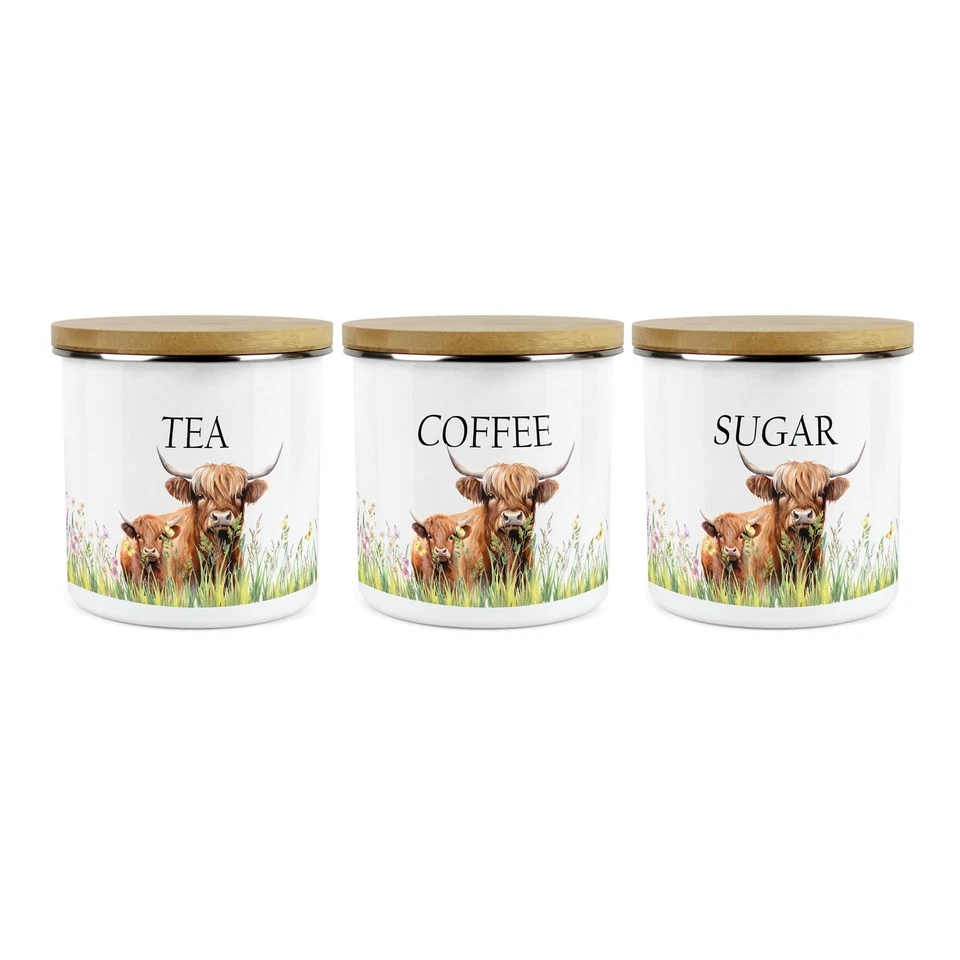 Highland Cow Tea Coffee & Sugar Canister Set - Enamel Kitchen Storage Jars Gift - Image 1 of 1
