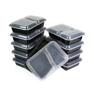 Black Food Containers with Lids 2 Compartment Microwave Safe Takeaway Storage - Picture 1 of 12