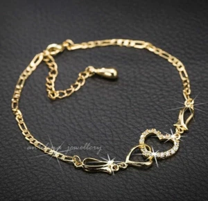 Round Cut Lab Created Diamond Double Heart Women's Anklet 14K Yellow Gold Plated - Picture 1 of 8