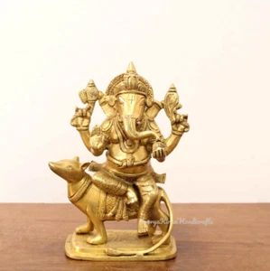 Ganesha Statue Mooshika Vahana Vinayaka Brass Sculpture Hindu God Ganapathy Idol - Picture 1 of 4