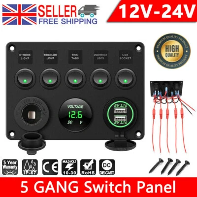 5 Gang 12V/24V Inline Fuse Box LED Switch Panel Dual USB Car Boat Truck Camper - Image 1 of 4
