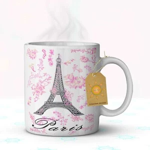 Paris Eiffel Tower Pink Flowers Coffee Mug 11 oz. White Ceramic - Bild 1 von 2