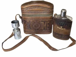 Made In Mexico Tooled Leather Whiskey Travel Bar Set Barware Vintage - Picture 1 of 19