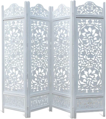 Room Divider Wood Floor Screen - Kamal Antique White 4 Folding Panel 72X80 - Por - Image 1 of 4