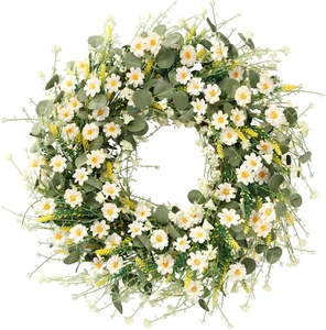 White Daisy Wreath 24 Inch with Fake Silk Floral Green Eucalyptus Leaves and Lav - Picture 1 of 7