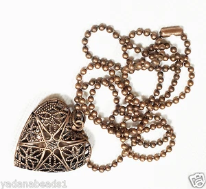 Antique copper filigree  heart locket with iron ball chain  - Picture 1 of 1
