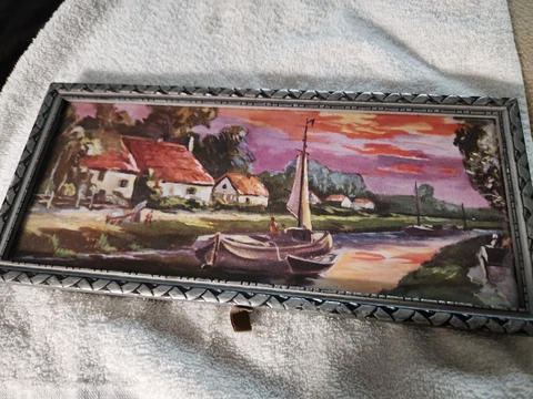 Antique Mirror&Picture Wood Framed Silver Wall Hanging 6x12" Double Sided Vtg Cover