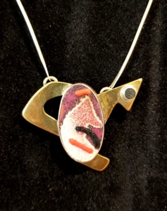 Flash Sale OOAK Vintage Artisan 925 Sterling and Brass Art Glass Necklace** - Picture 1 of 9