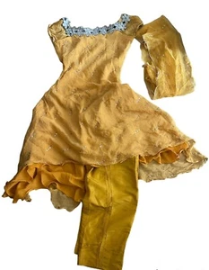Pakistani Indian Girl silver mukesh Mustard chiffon flair dress 3 pc suit small - Picture 1 of 2