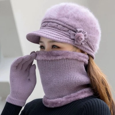 Conjunto de sombrero y calentador de cuello tejido de piel sintética de invierno para mujer - suave, elegante y acogedor Foto 1 de 4