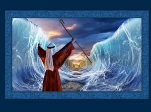 Moses Parts the Sea Fabric Quilt Panel 36" x 45", Spiritual, Religious, Biblical - Picture 1 of 3