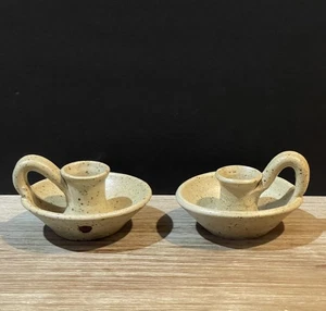 Pottery Art Finger Loop Candlestick Holders Beige Speckled Set of 2 - Picture 1 of 17