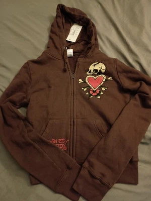 ED HARDY Women's Zip Up Hoodie Skull In Love Chocolate XS New With Tags - Image 1 of 4