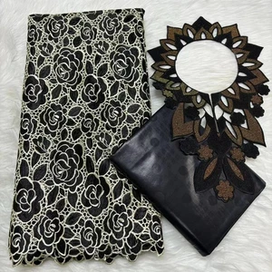 YQOINFKS Party Dress Cotton Fabric Sewing Africa Bazin Fabric Cord Lace Mesh Set - Picture 1 of 21