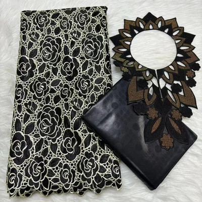 YQOINFKS Party Dress Cotton Fabric Sewing Africa Bazin Fabric Cord Lace Mesh Set - Image 1 of 4