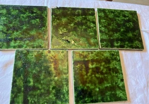 5 Antique Mottled Green Lustre Victorian Square Tiles 6”x 6” Salvaged - Picture 1 of 5