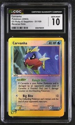 CGC 10 GEM MINT Carvanha EX Ruby & Sapphire 51/109 Reverse Holo Pokemon Card - Image 1 of 2
