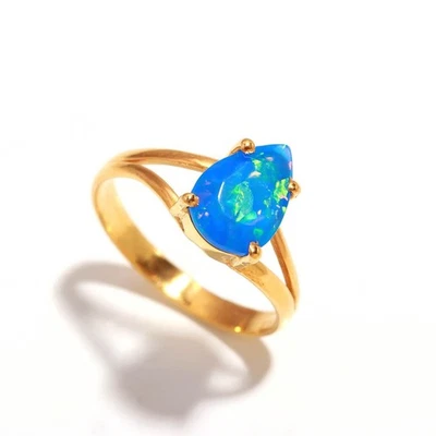 Natural Ethiopian Opal Pear Ring Solid Silver Gold Plated Delicate Jewelry - Image 1 of 4
