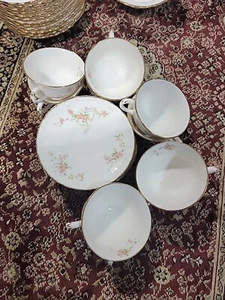 VTG Pope Gosser China FLORENCE Pink Rose Garland Gold 10 Saucers 10 Cups - Picture 1 of 12