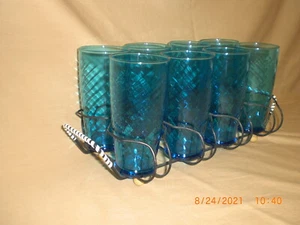 VINTAGE RETRO DEEP BLUE BEVERAGE GLASSES & SERVING CADDY - 8 GLASSES - NICE!! - Picture 1 of 11