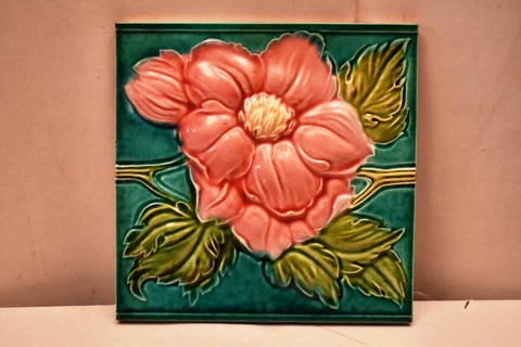Antique Japan Tile Majolica Art Nouveau Saji Flower High Embossed Green Pink"I1 Cover