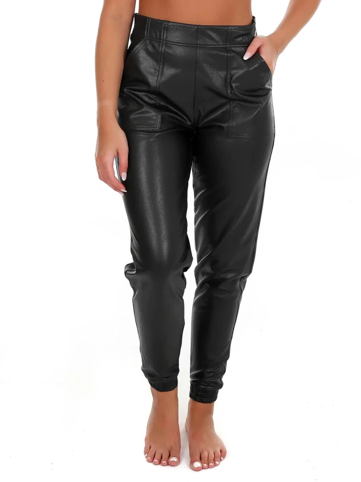 SPANX Women Faux Leather Joggers Noir High Rise Black Size Medium