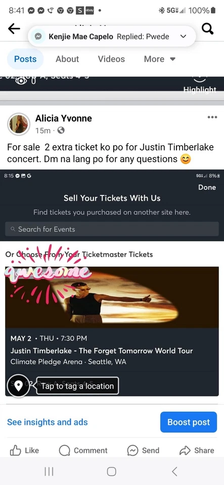 2 Tickets Justin Timberlake 5/2/2024 Forget Tomorrow World Tour Seattle Wa - Image 1 of 1