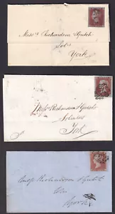 1851/2 SG8/9/10 1d RED BROWN SHADES ON 3 COVERS TO YORK BLUE CANCELS - Picture 1 of 5