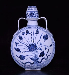 Bellissimo vaso piatto piante fiori porcellana blu e bianca dipinto a mano cinese - Foto 1 di 9