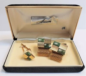 Juego de Corbatas de Jade Genuino Anson de Colección - Eslabones de Puño en Tono Dorado - Imagen 1 de 7