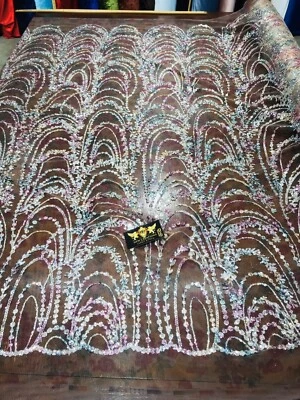 LILAC MULTI SHINY GLITTER WAVE DESIGN ON A printed MESH-PROM-SOLD BY THE YARD. - Image 1 of 4